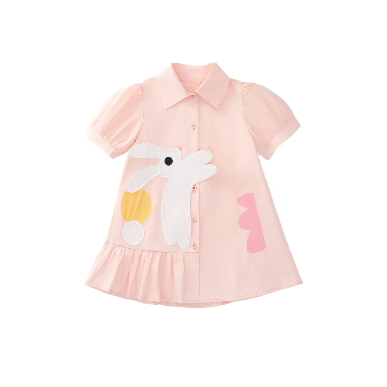 Girl's Pink Little Rabbit Sweet Dress 2026 Summer New Children's Korean Cotton Short Sleeved Shirt Dress for Children's Wear