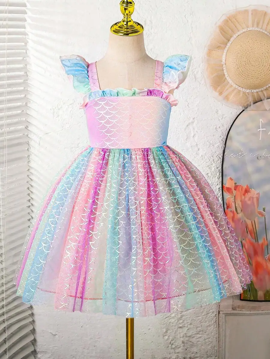 

Rainbow Fish Scale Ruffle Cap Sleeve Tulle Princess Dress For Cocktail Party