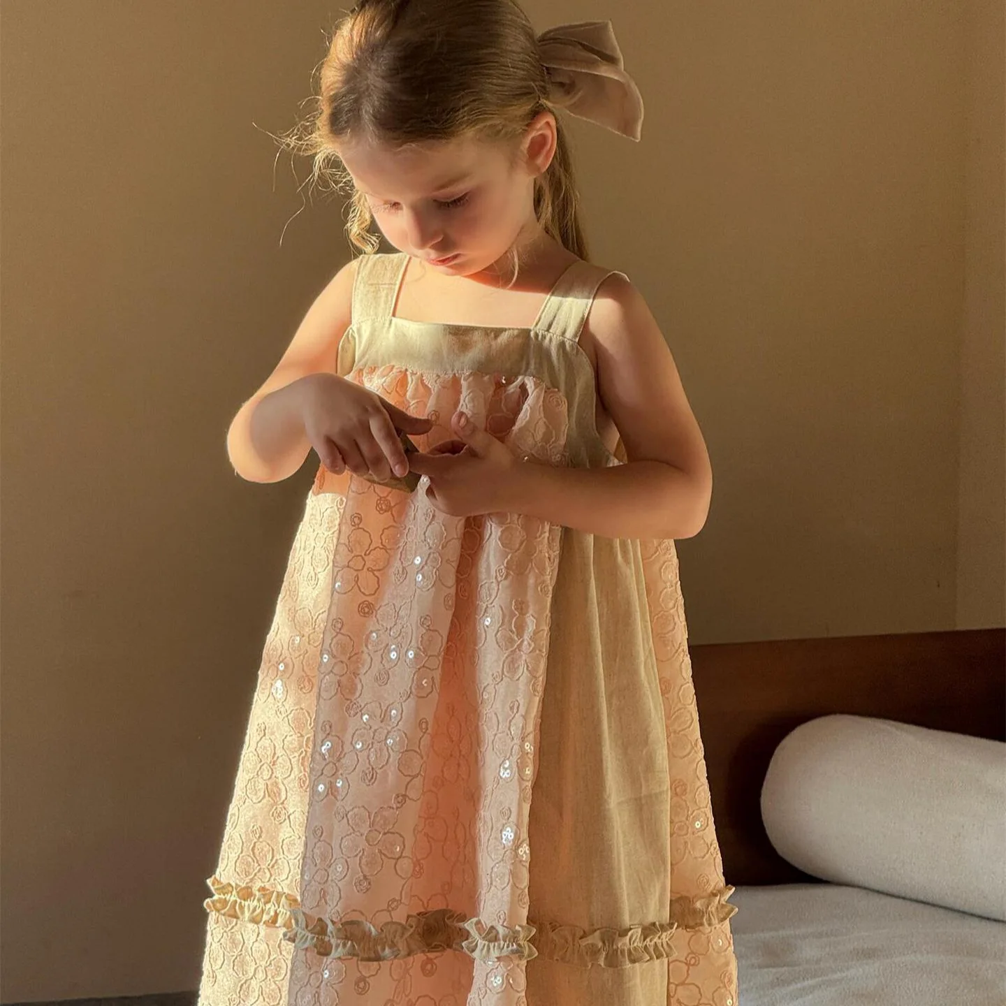 

Girls Skirt 2025 Summer New Childrens Clothes Korean Style Baby Girl Sequin Embroidery Patchwork Dress Casual Simple Daily