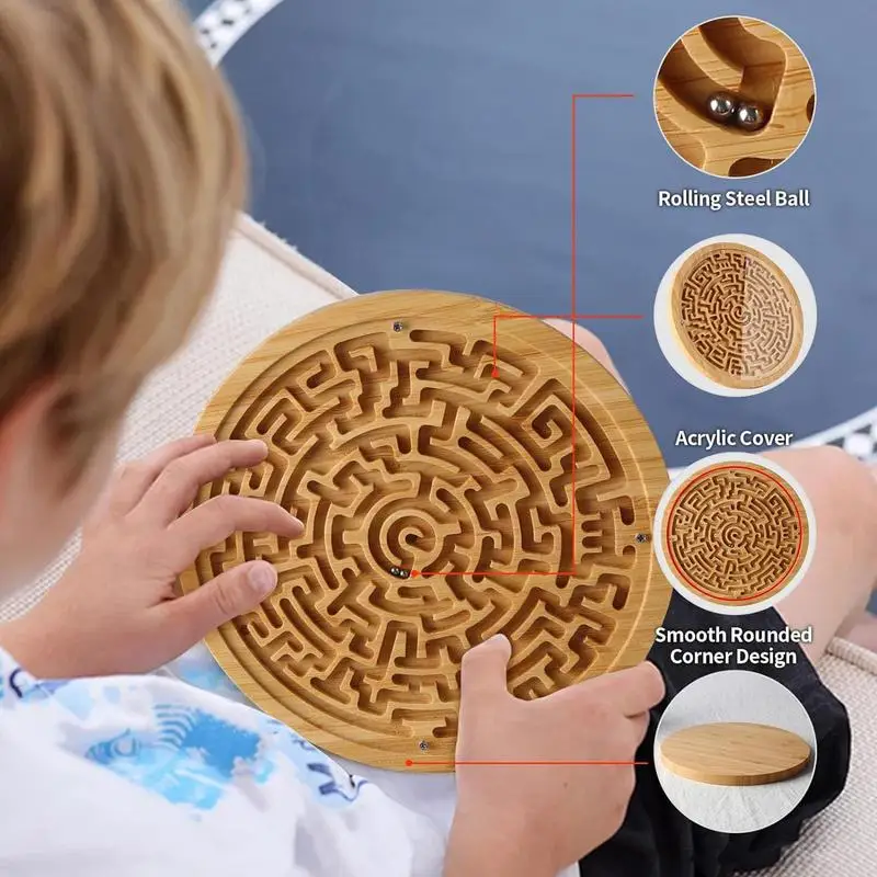 Wooden Labyrinth Board Game Children's Round Wooden Maze Game Multi-Purpose Maze Puzzle Logic Game Toy For Toddler Adult