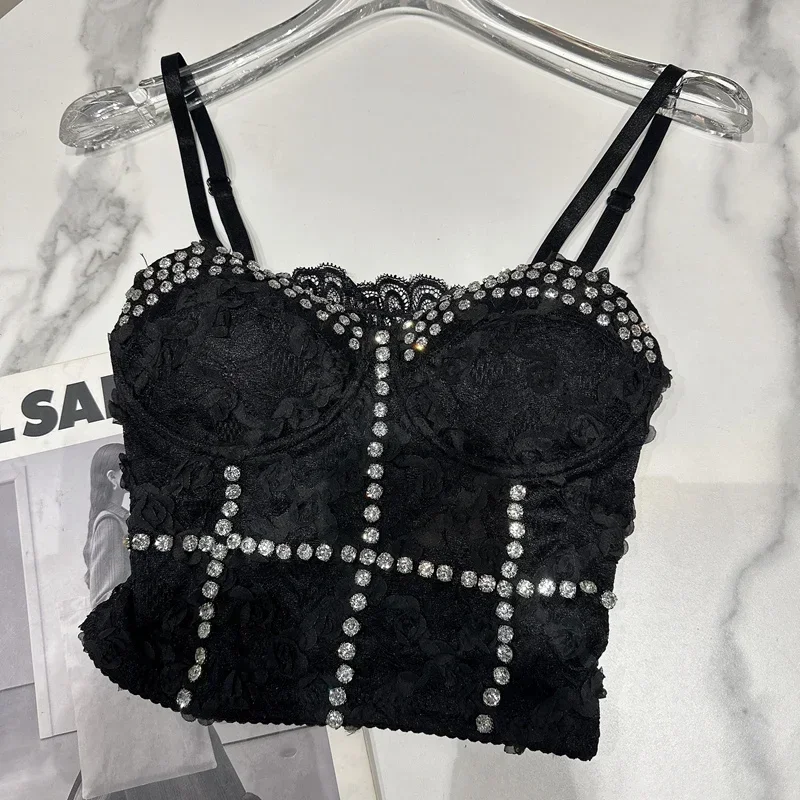 

All Season 2024 New Fashion Women's Spaghetti Strap Heavy Industry Big Diamonds Lace Bra Casual Short Top Black White Camis