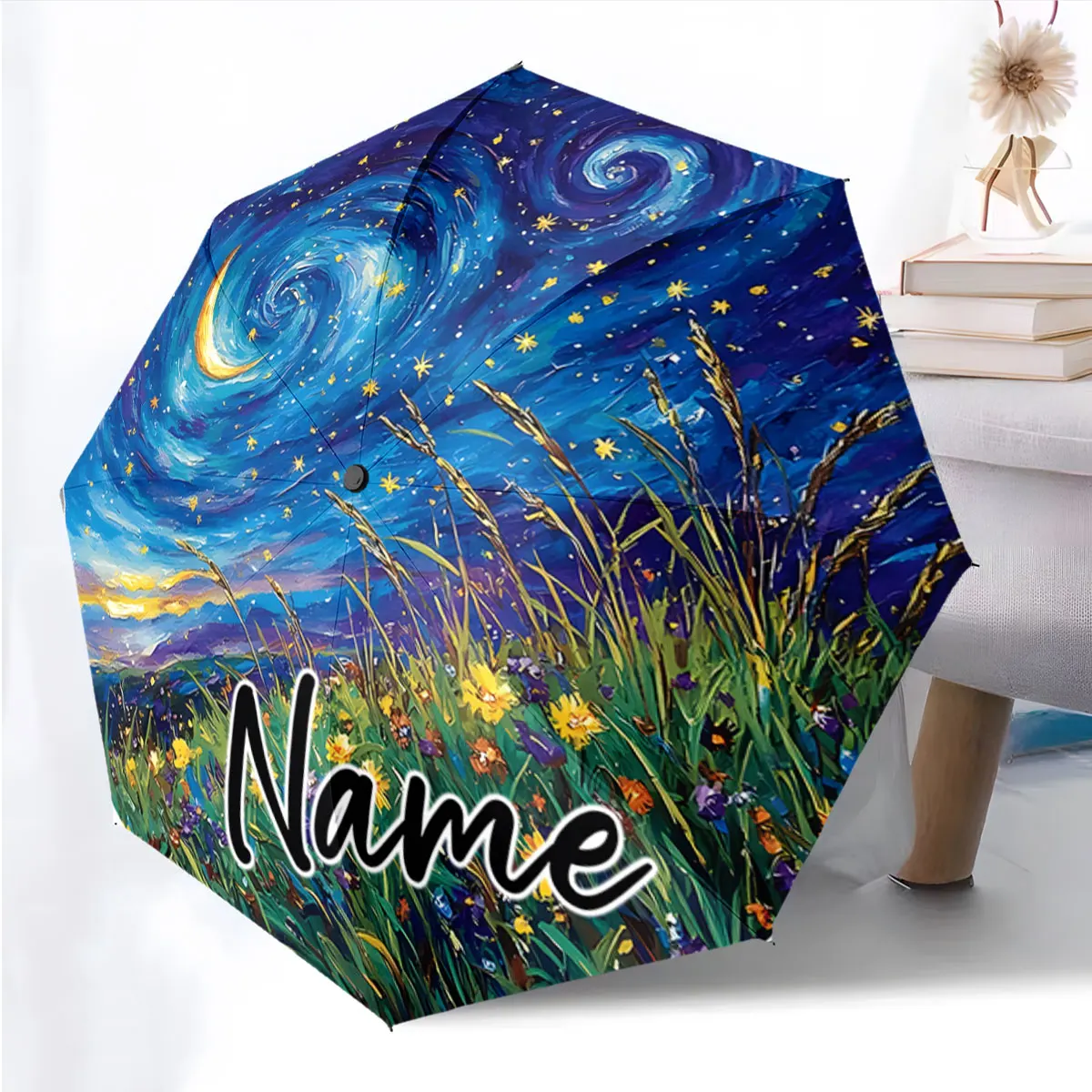 Custom Name Umbrella Starry Night Umbrella with Grass Flowers Print 8 Iron Ribs Folding Umbrella Auto-Open Fashion Sunshade