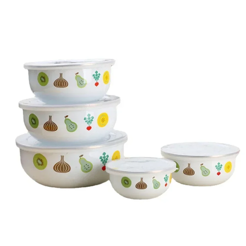 5Pcs/ enamel bowl Set Creative Flower Animal Enamel Bowls Salad Food Bowls with Plastic Covers for Home Kitchen ceramic bowl