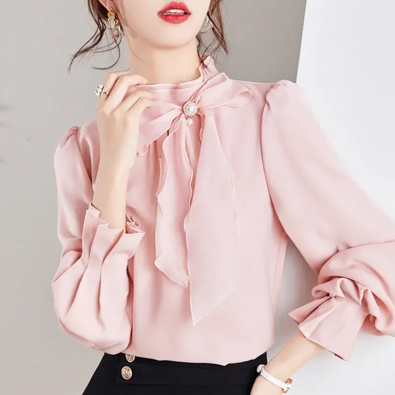 

Spring New Long-sleeved Bow Shirt Pink Stand Collar Chiffon Blouse Korean Office Ladies Work Basic Female Tops X718