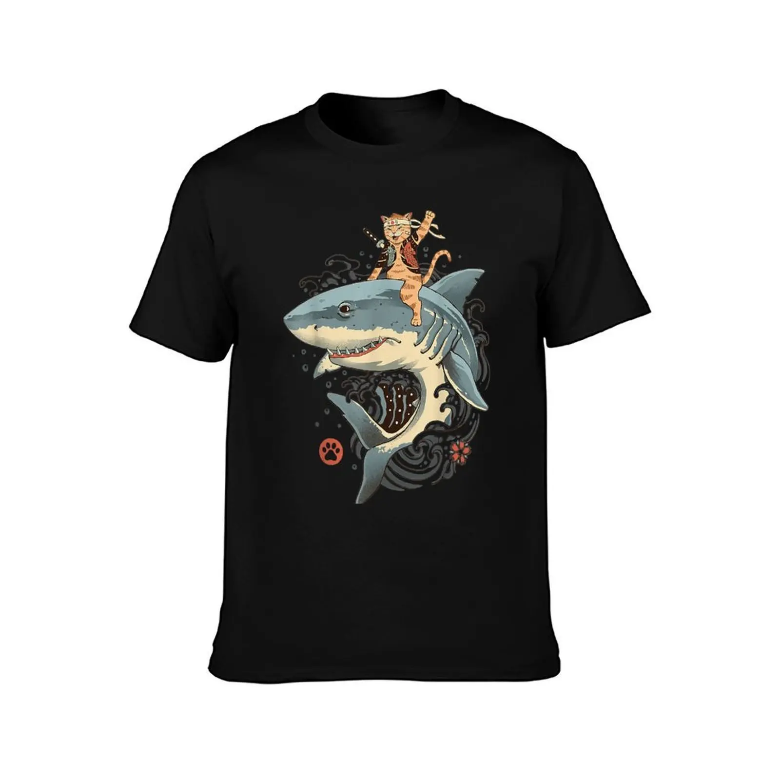 Catana cats ninja funny cute ridding Shark. T-Shirt, Summer Casual Cotton Tee, Oversized Streetwear Tops, Vintage Graphic Print