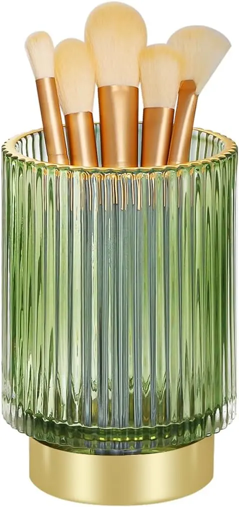 

Glass Makeup Brush Holder Organizer, Gold Toothbrush Holders for Bathroom, Green Make Up Organizer Cup, Vintage Bathroom Makeup