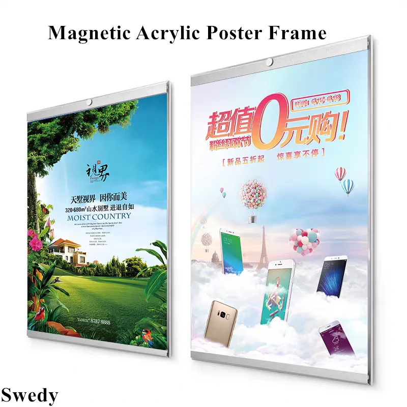 A5 148x210mm Wall Mount Self-Adhesive Magnetic Acrylic Photo Picture Poster Frame Thick Acrylic Sign Holder Display Board