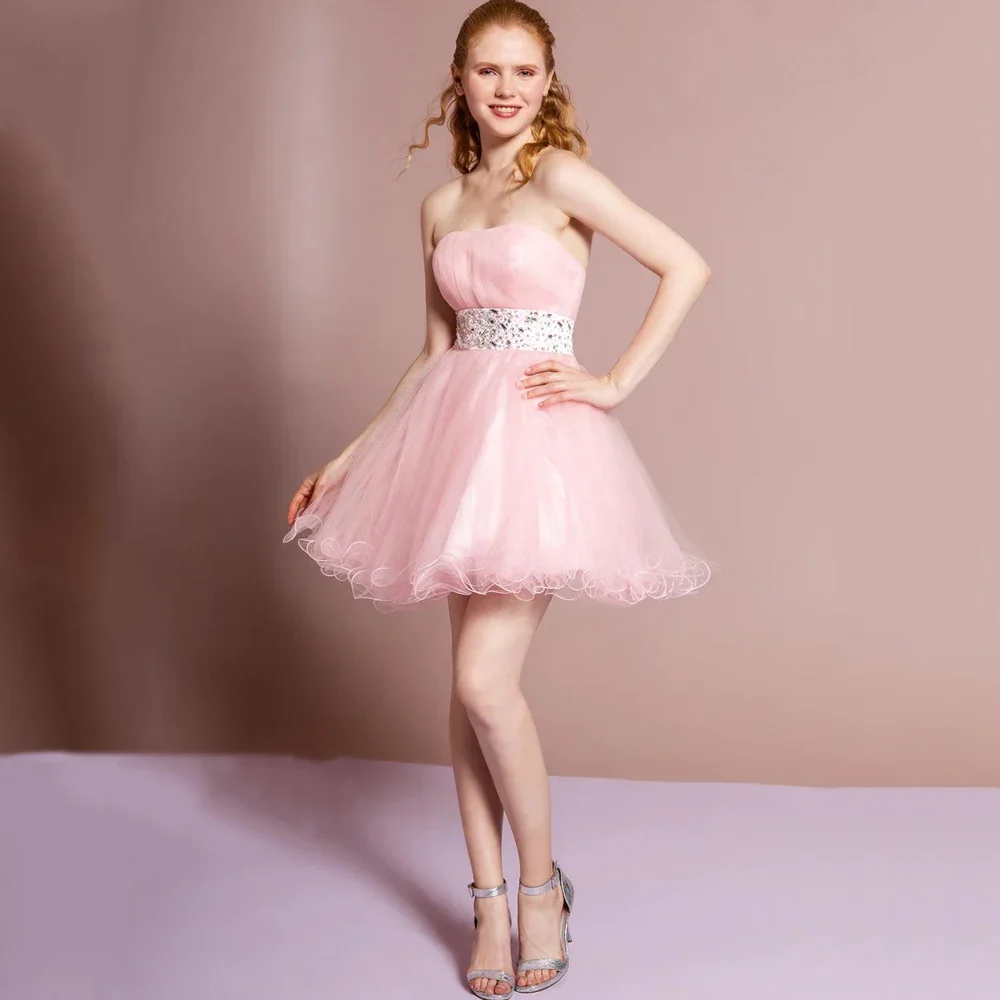 

Customized Sexy Evening Cocktail Dresses A-line Sleeveless Open Back Strapless Pretty Tulle Belt Short New Fashion Party Pr