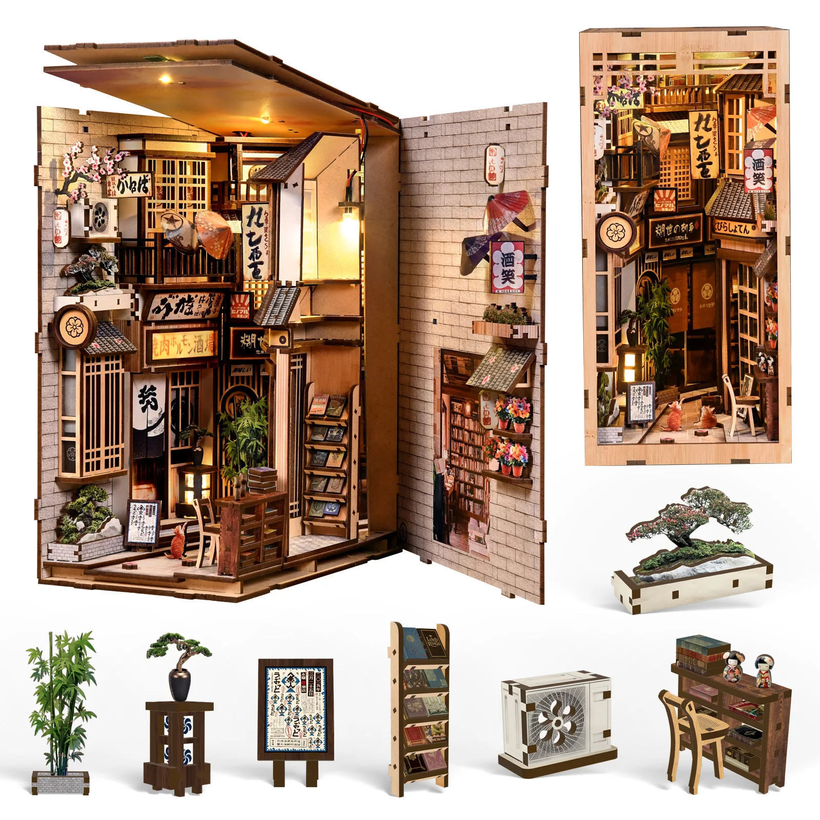 Diy Wooden The Alley Waiting For The Cat Book Nook Shelf Insert Kits Miniature Model Kit Japanese Bookend For Friends Gifts