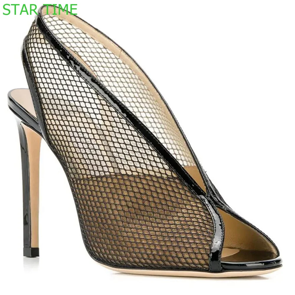 

Black Mesh Peep Toe Sandal 2024 Summer New Casual Slingback Roman High Heels Plus Size Fashion Women Thin Heel Sandals