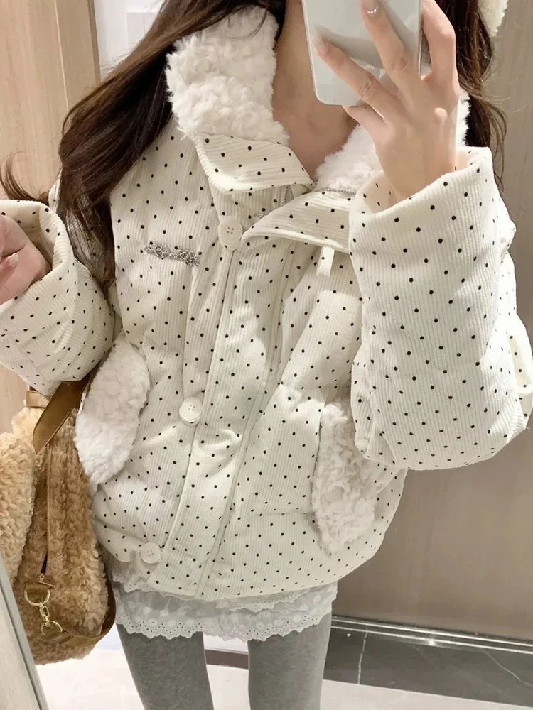 Polka Dot Bianco Puffer Jaet Donna 2025 Nuovo Thiened Allentato ort Velluto a coste Tuta Sportiva Autunno Inverno Coreano Sle Pendolarismo Vento