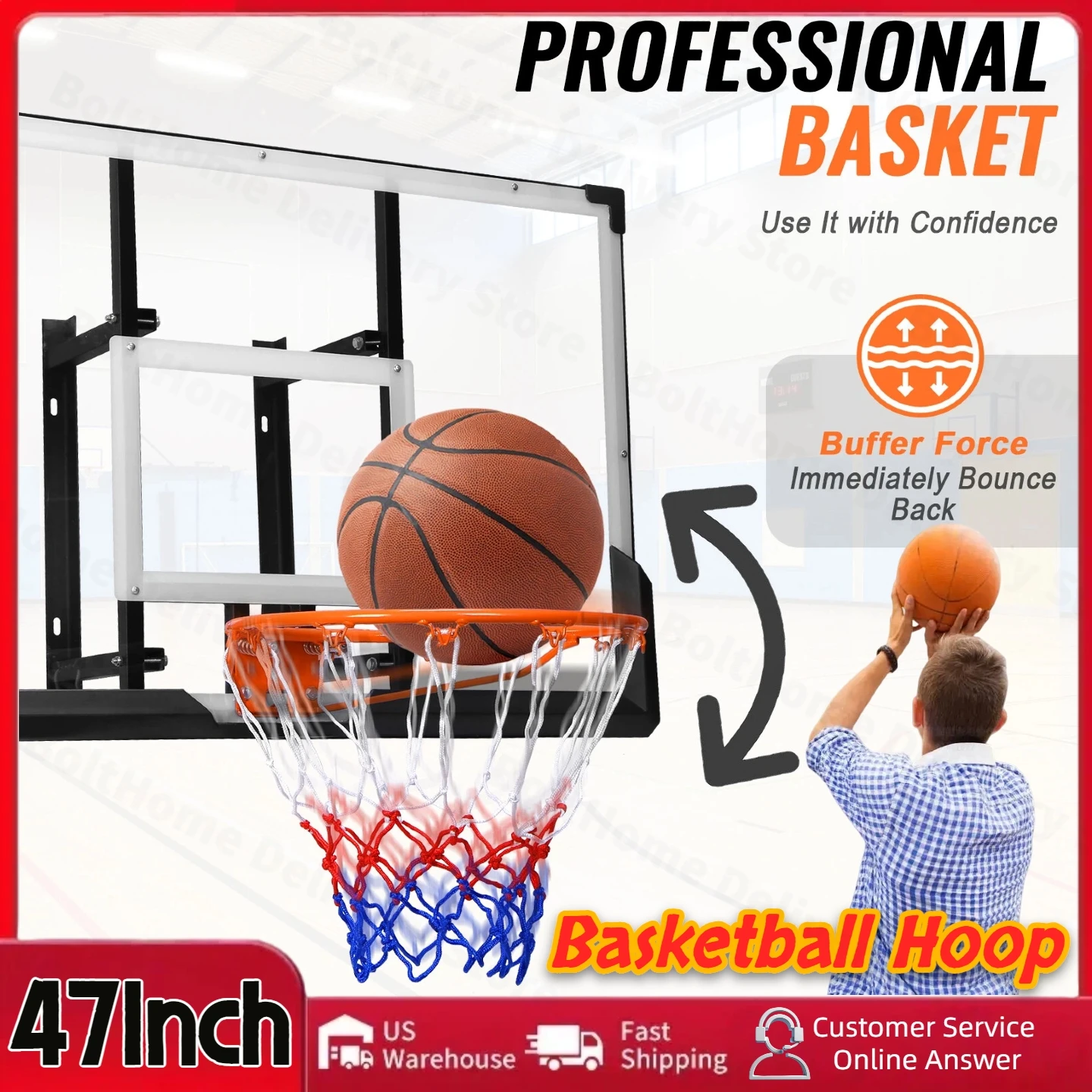 47-Inch Mounting Bracket Wall Mounted Indoor Outdoor Basketball Hoop Set for Garage Fitness Center Barn School Gym Driveway