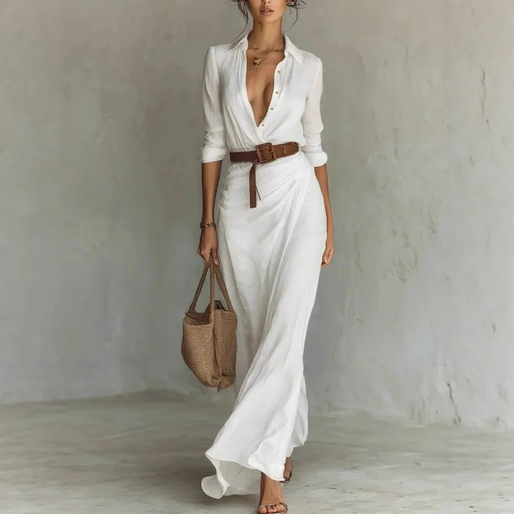 2025 Buttons Draped Chic Party Dress Spring Autumn Women Turn Down Collar Simple Maxi Dress Long Sleeve Elegant Ladies Dress