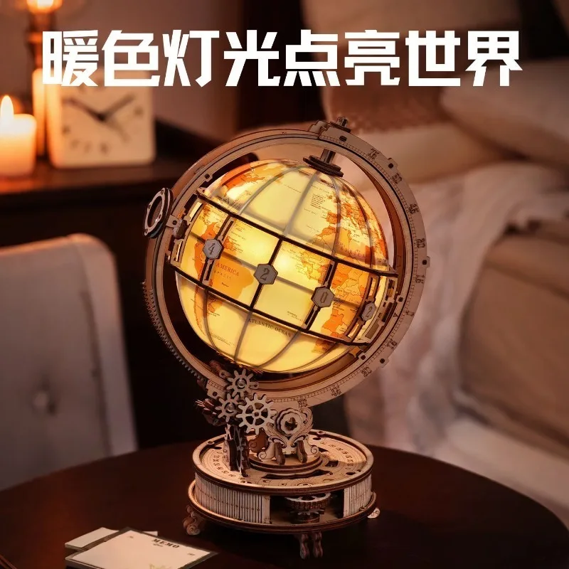 Creative Wooden 3D Puzzle Electric Globe Building Kit DIY Mechanical Assembly Model with Rotating World Map view 2
