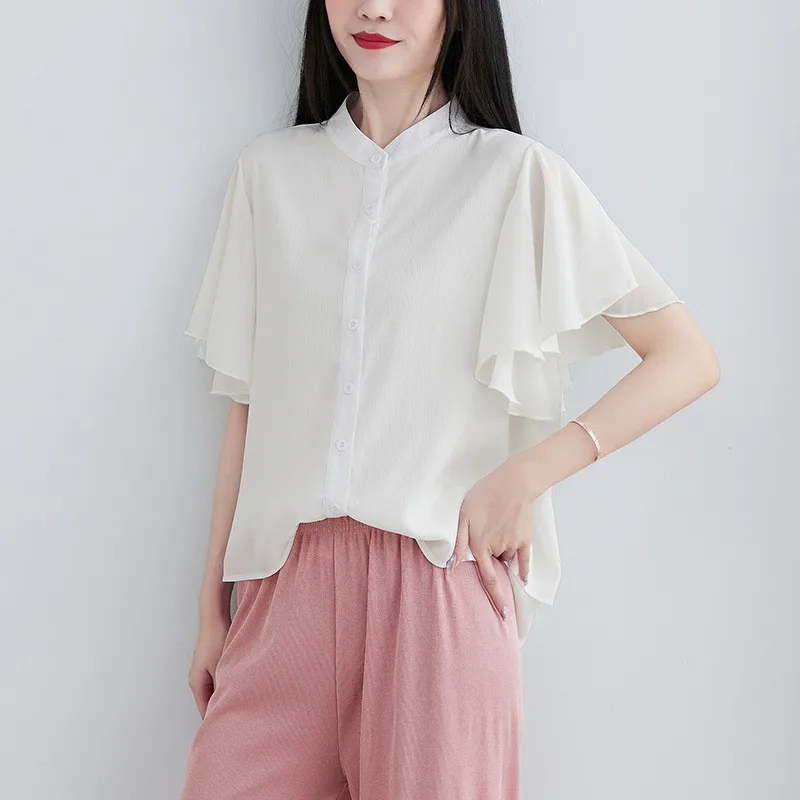 بلوزة نسائية صيفية جديدة فضفاضة بياقة عالية وأكمام قصيرة بلون واحد، متوفرة بـ 4 لونًا، مناسبة للعمل، مصنوعة من نسيج البوليستر