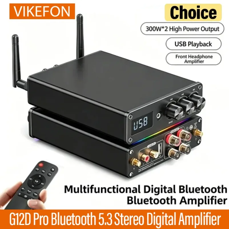 RGB Light G12D Pro Bluetooth 5.3 Amplifier 300W×2 2CH Digital Power Amp Treble Bass Control USB RCA Input For Passive Speakers