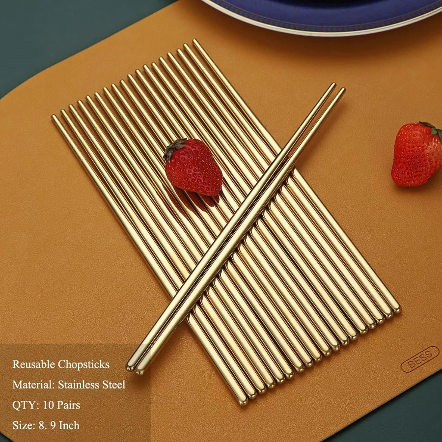 10 أزواج من عيدان تناول الطعام القابلة لإعادة الاستخدام مع تصميم من الفولاذ المقاوم للصدأ مطلي بالذهب والتيتانيوم لتناول الطعام الكوري الصيني الياباني بطول 8.9 بوصة