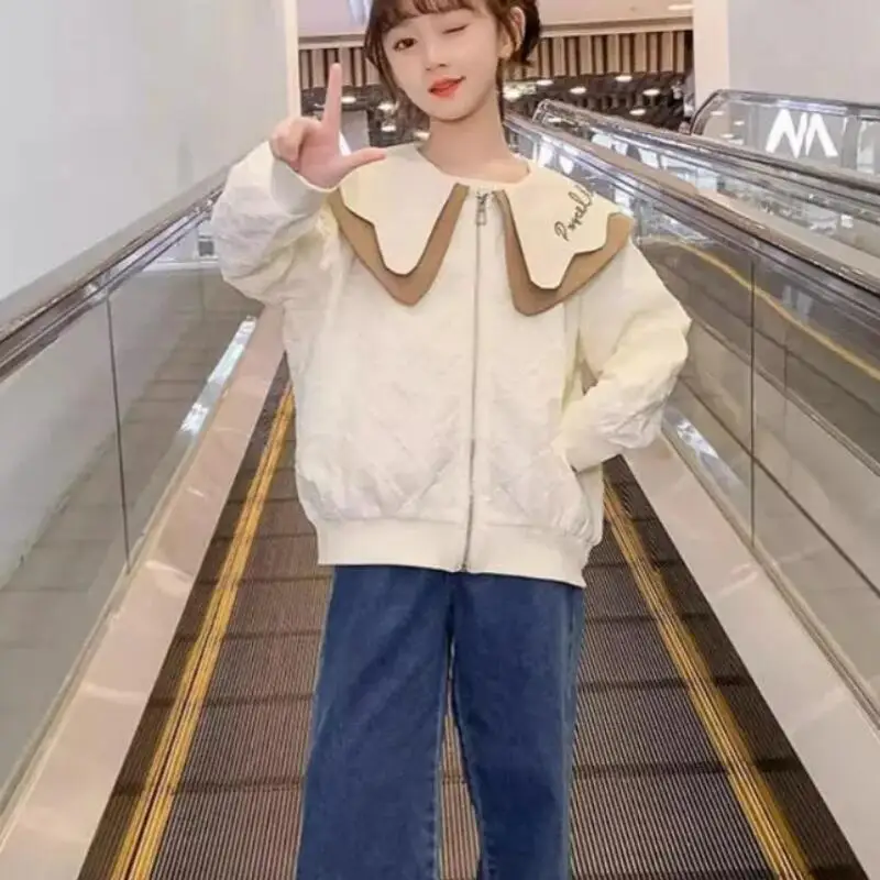 

Kawaii модное пальто для девочек, студенческие осенне-зимние повседневные топы с воротником «Питер Пэн» на молнии и длинными рукавами, детская одежда