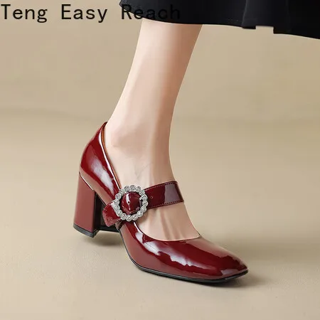 

2024 New Women's Pumps Natural Leather Cow Patent Leather Upper Square Toe Mary Jane Shoes Full Leather Shoes