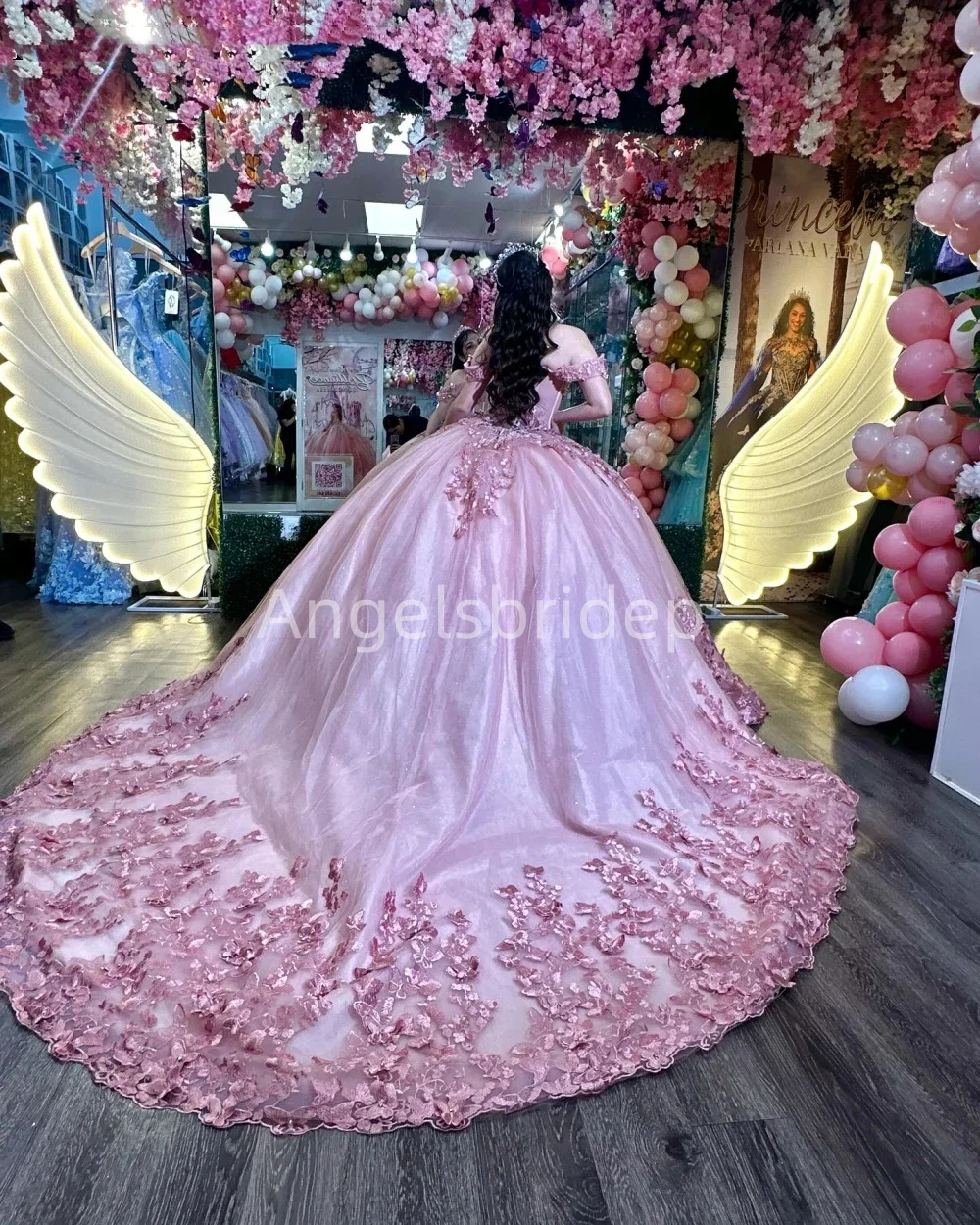 Angelsbridep-فستان حفلة وردي فاخر للنساء ، فساتين Quinceanera ، مزخرف ثلاثي الأبعاد ، فستان حفلة موسيقية مطرز بالخرز ،