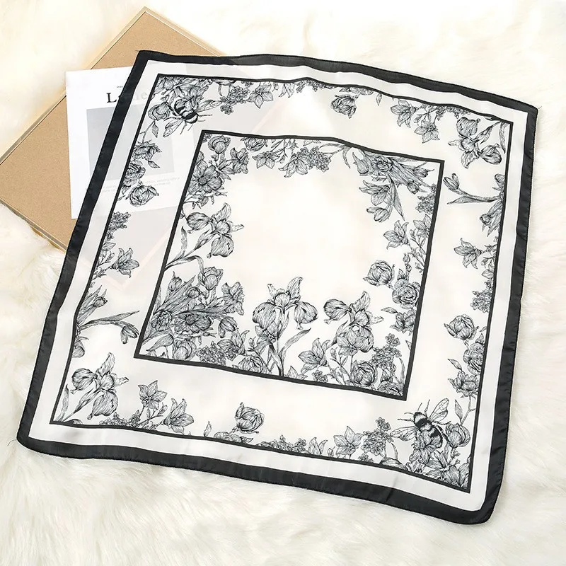 70*70cm Luxury Floral Print Silk Square Scarf Women Foulard Hairband Hands Bag Ribbon Head Hijab Neckerchief Headband Soft Satin image 3