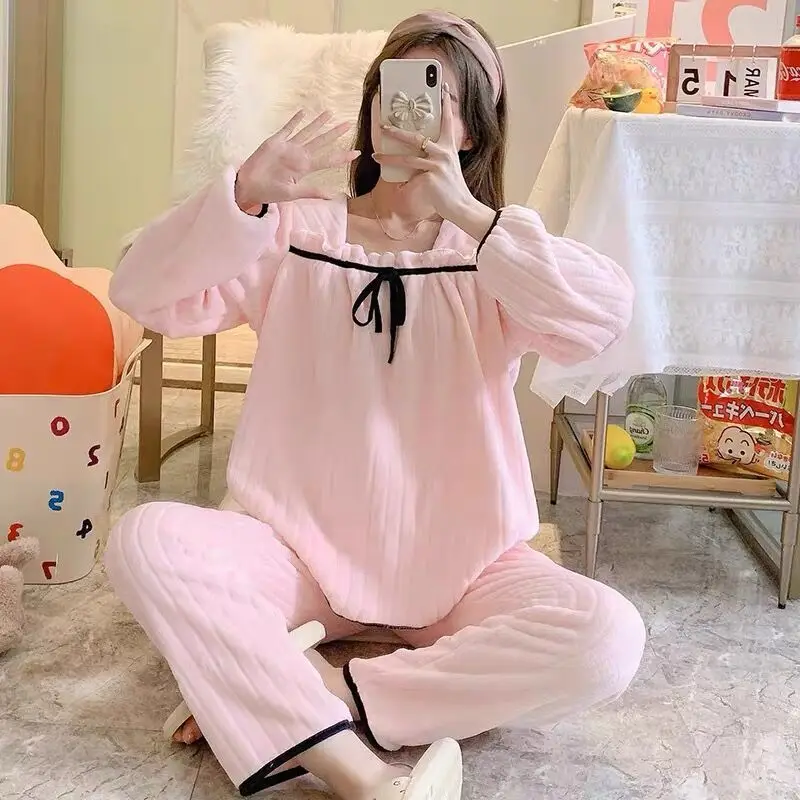 Square Collar Women Pajamas Set Winter Sleepwear Fleece Velvet 2 Piece Pant Home Suit Fluffy Korean Solid Piiama Warm Night Wear