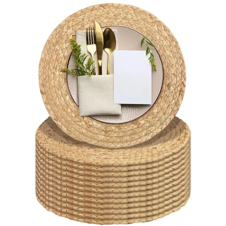 

Набор из 12 круглых плетеных подставок под тарелки, 12 дюймов, из натурального водяного гиацинта, ручной работы, в стиле бохо, из ротанга, плетеные подставки для стола