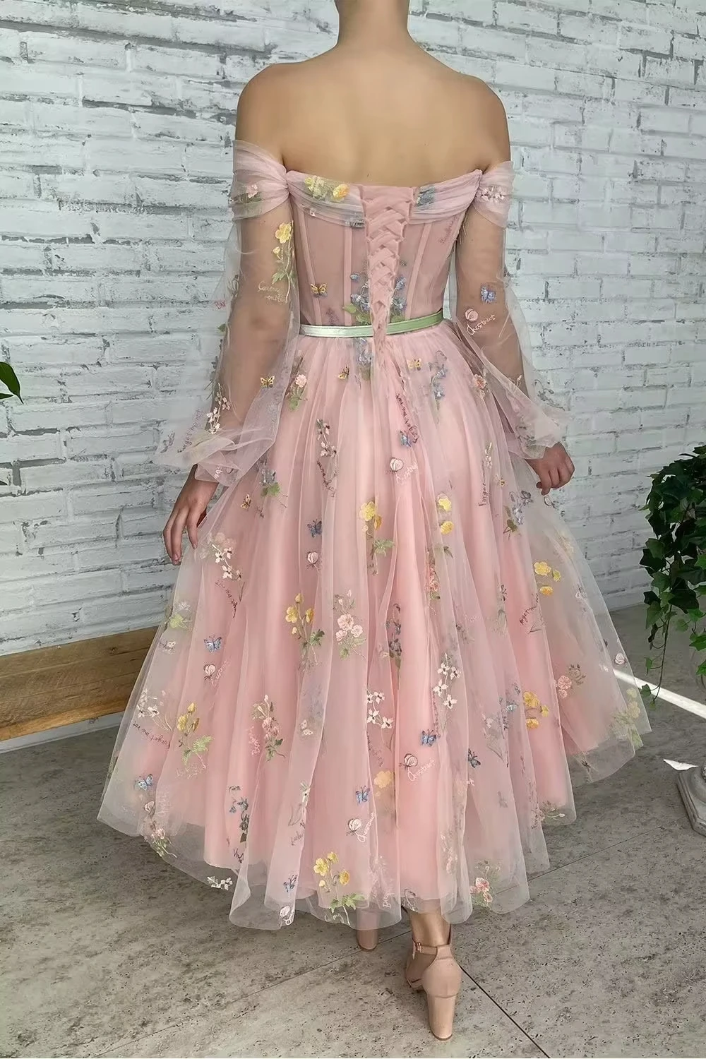 Vestidos de fiesta de tul con bordado de flores y hombros descubiertos, vestidos formales de hadas con mangas abullonadas, vestido de fiesta de noche hasta el té para mujer