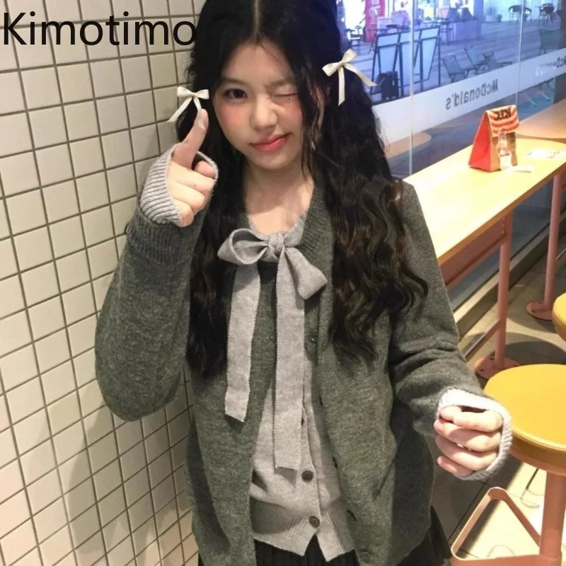 

Kimotimo Sweet Bow Bandage Knitted Cardigan Women Autumn Winter Patchwork Fake Two Pieces Tops Preppy Style Fashion Y2k Sweater