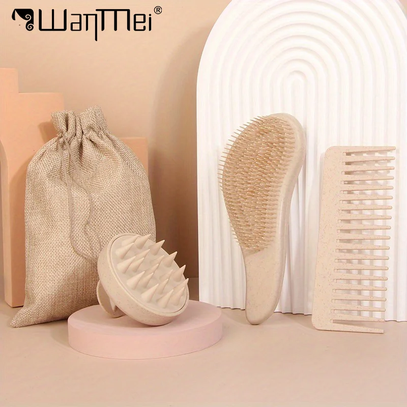 

3pcs Hair Care Kit Wheat Straw Wide Teeth Comb Grooming Gentle Hairbrush with Silicone Hair Washing Brush Styling Tools Salon