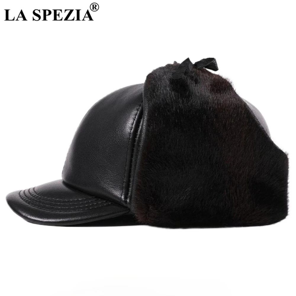 

LA SPEZIA Brand New Real Mink Fur Leather Hat Winter Cap Man Cowskin Bomber Hat with Earflaps Warm Hats for Men High Quality