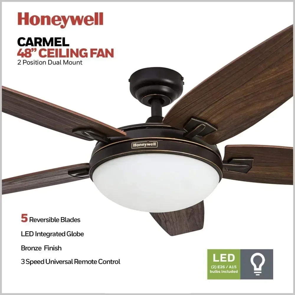 48 inch modern style indoor LED ceiling fan, with lights, remote control, dual installation options, dual decorative blades