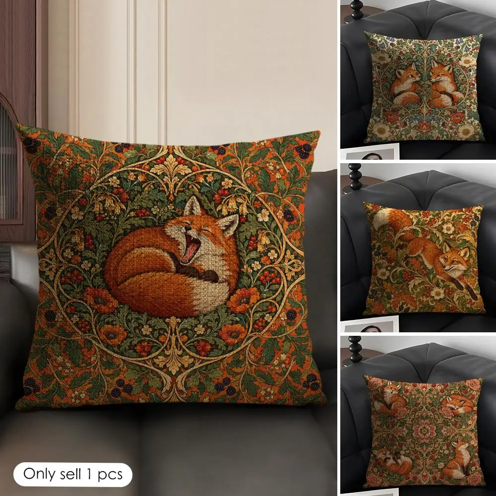 William Morris Forest Fox Cushion Cover Skin-Friendly Organic Linen Pillow Cover Durable Hypoallergenic Washable Soft