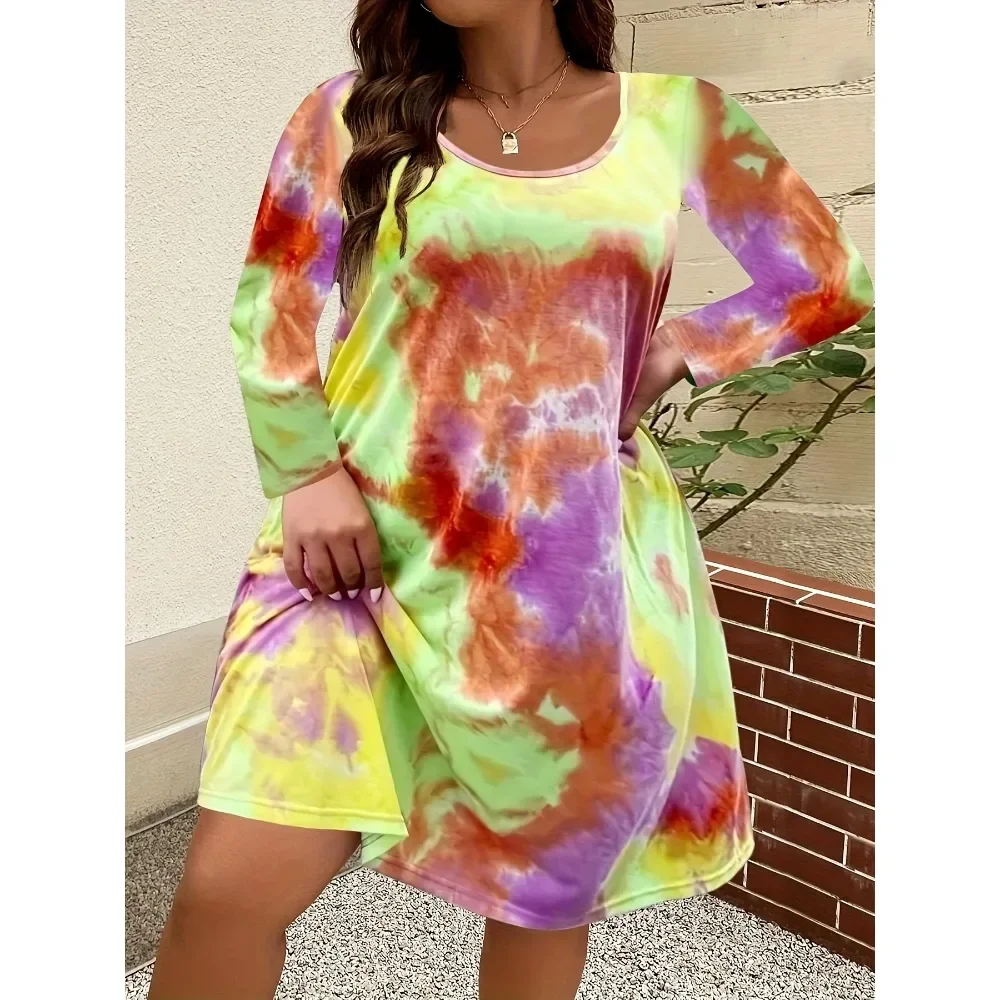 

Плюс размер 1XL-5XL, новое модное женское повседневное женское платье с круглым вырезом и длинными рукавами с принтом тай-дай