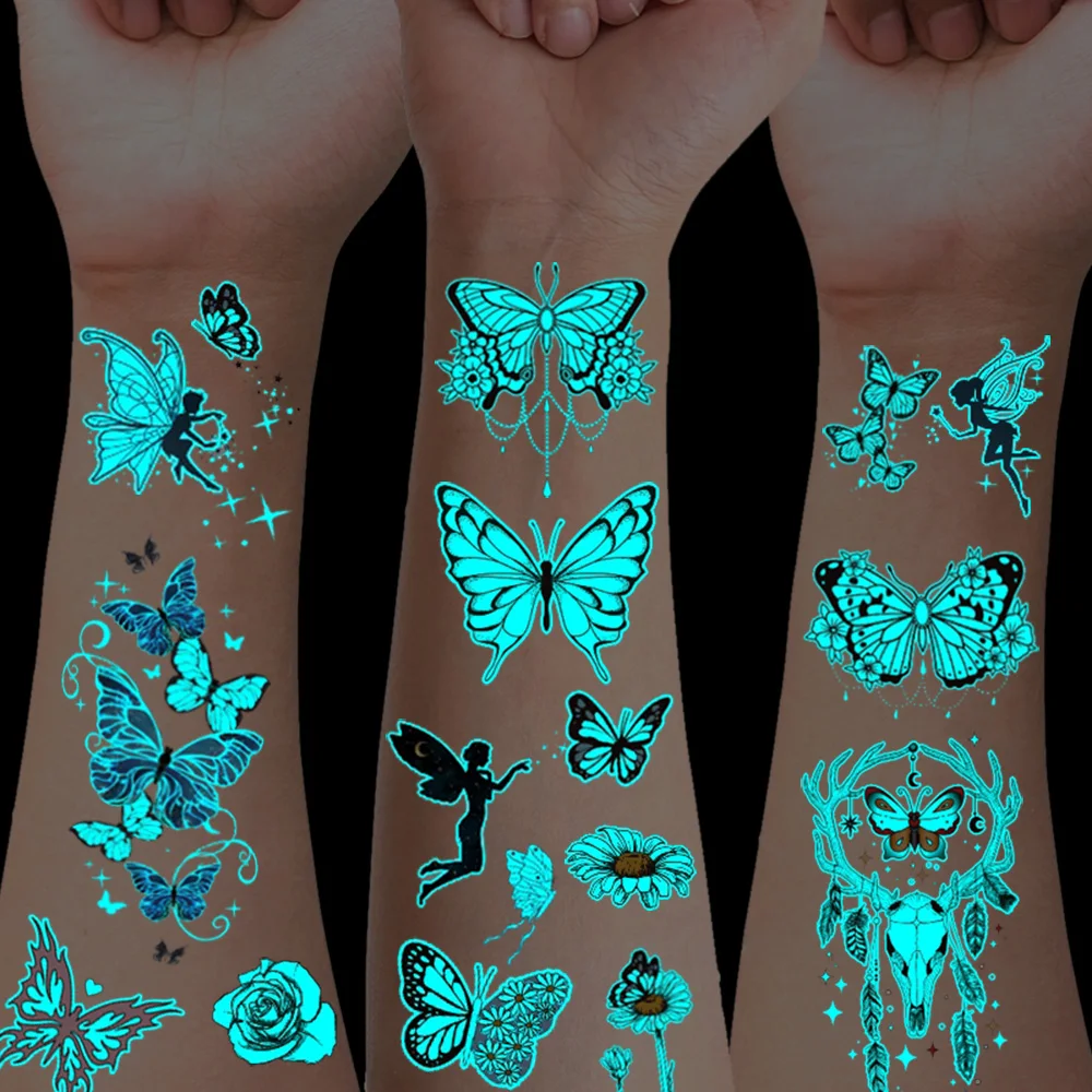 12 Pieces of Blue Glow-In-The-Dark Butterfly Tattoo Stickers with Butterfly Fairy, Flower, Rose, Daisy Designs for Shoulders, Fingers, Collarbones, Arms, Ankles, Party and Concert Stickers