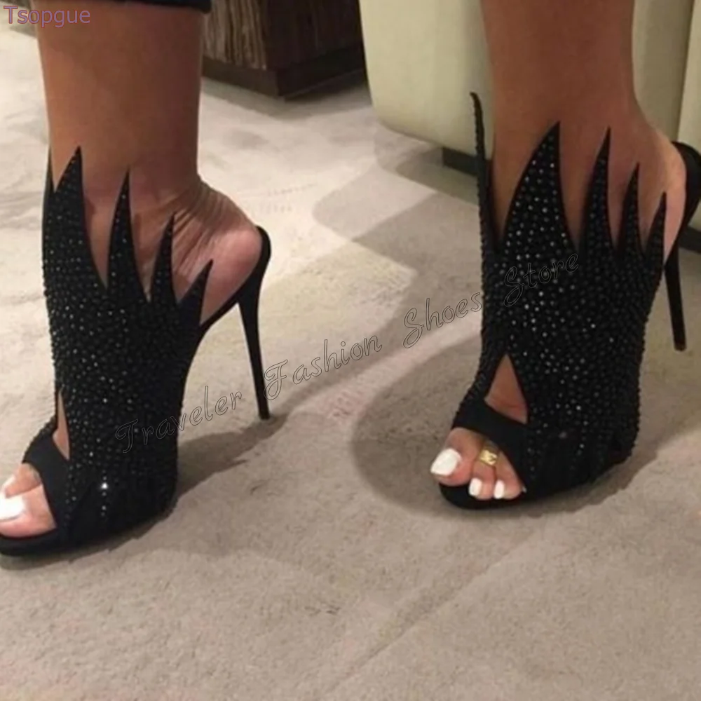 Black Crystal Special design Peep Toe Slippers High Heel Shoes for Women Fashion Sexy Lady Heels Shoes 2024 Zapatos Para Mujere