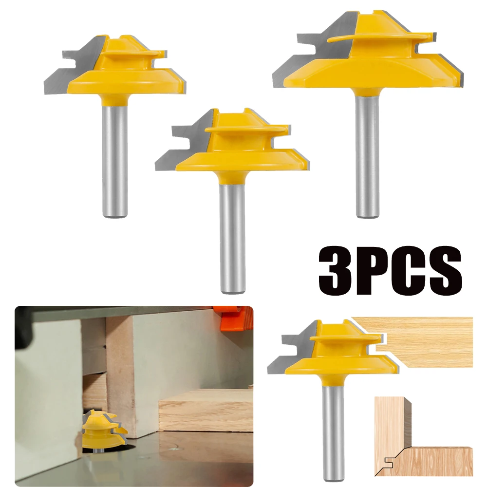 3Pcs 45° Lock Lock Miter Router Bit Woodworking Milling Cutter Tool  For Wood MDF Plywood Tenon Joint Cutter with 1/4inch Shank