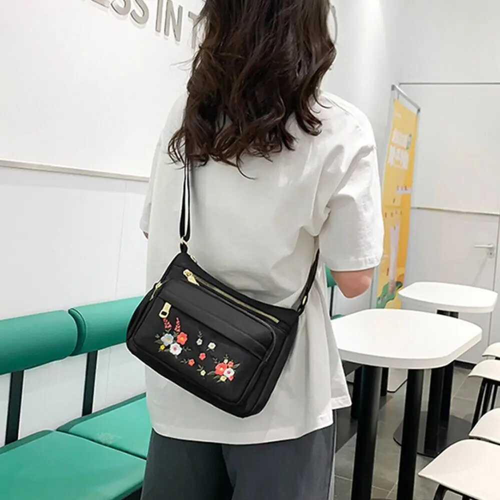 Embroidery Flowers Ladies Crossbody Bag Fashion Solid Color Large Capacity Shoulder Bag Lightweight Zipper Women Handbag