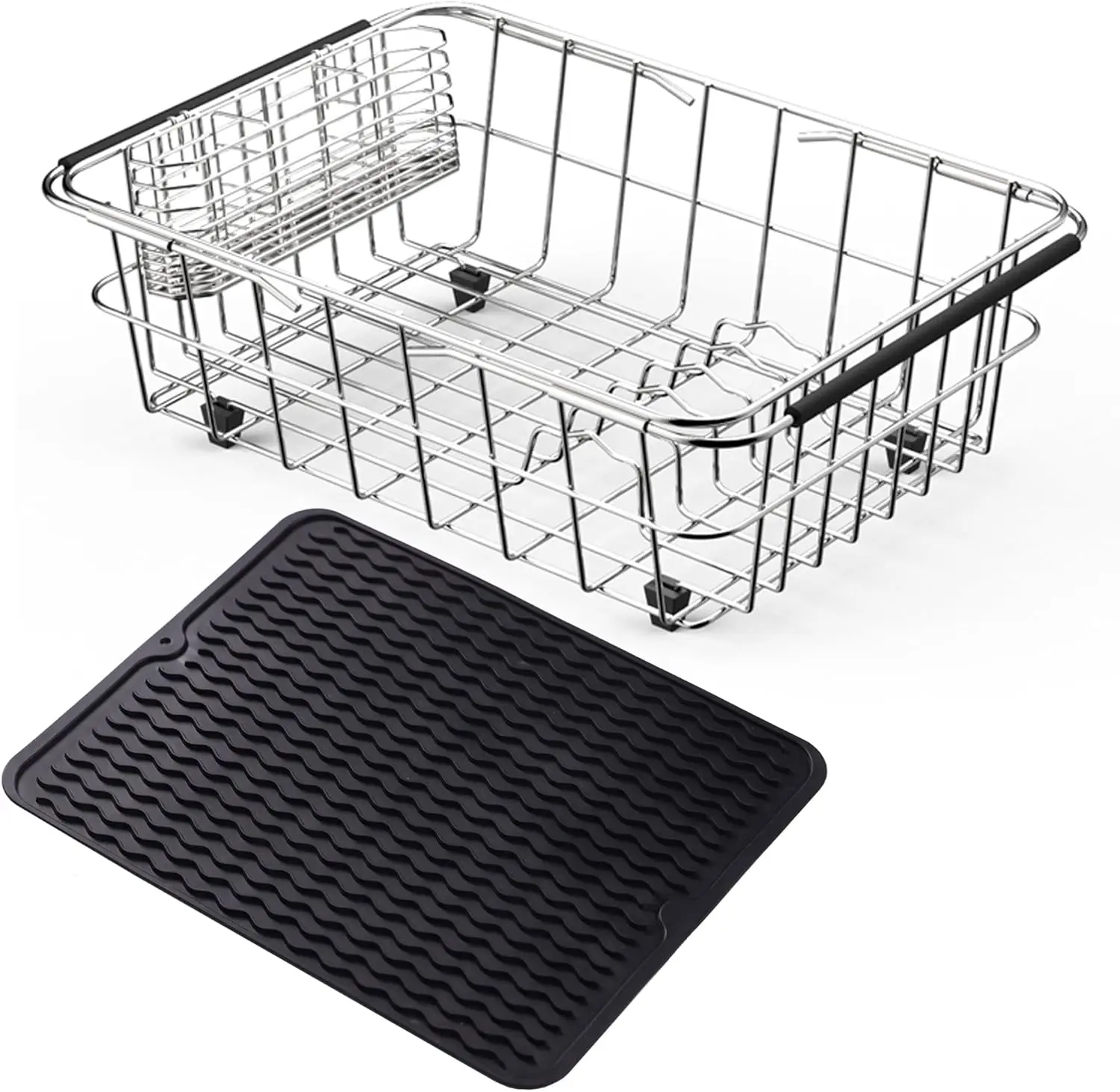 

Stainless Steel Expandable Dish Drying Rack with Utensil Holder & Silicone Mat, 15.2"L x 11"W x 5.3"H
