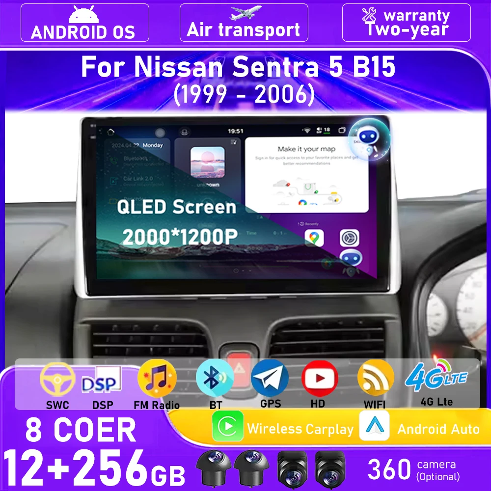 Android 16 Auto Carplay para Nissan Sentra 5 B15 1999 - 2006 Radio de coche Reproductor multimedia de video GPS Navegación 4G WIFI Bluetooth