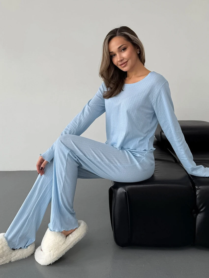 Marthaqiqi Casual Women'S Sleepwear Set Crop Top Pajamas Long Sleeve Nightie O-Neck Nightgowns Pants Loose Ladies Nightwear Suit