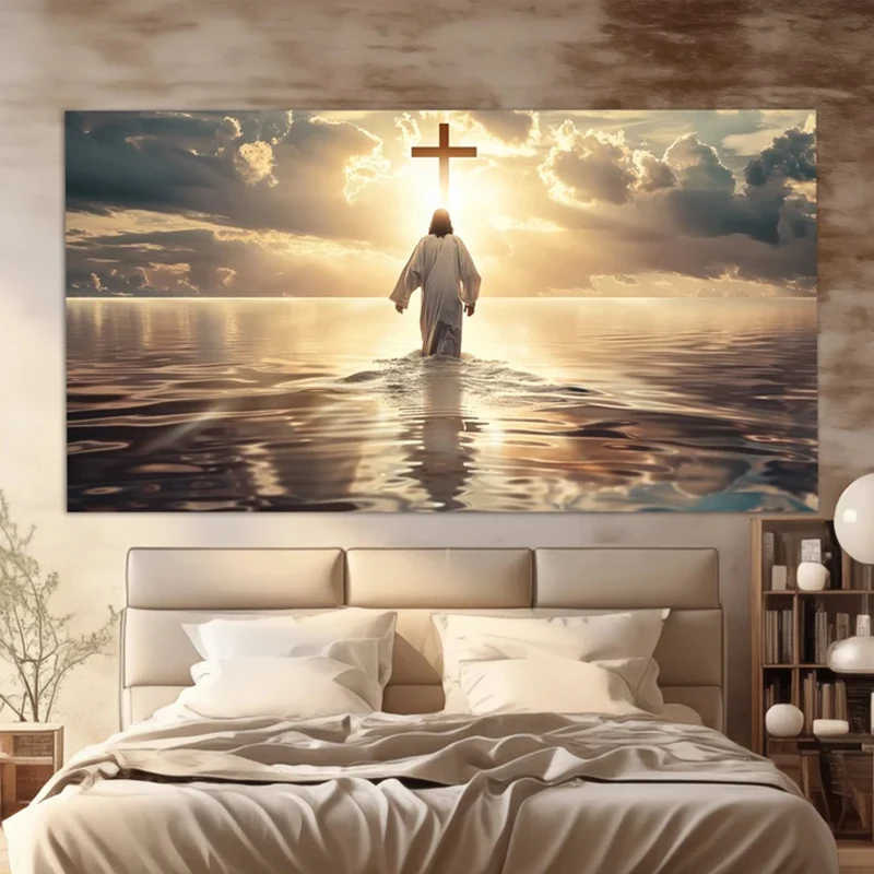 Acuarela Jesús Cristo caminando sobre el agua, paisaje marino religioso, póster, pintura en lienzo, arte de pared, imágenes, decoración de la habitación del hogar, regalo