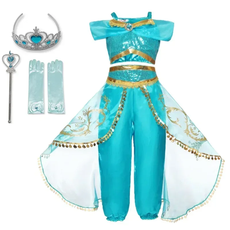 Girls Cosplay Jasmine Costume Aladdin Princess Dress Kids Magic Lamp Fancy Birthday Party Dress Jasmine Halloween Dress Up 3-10Y