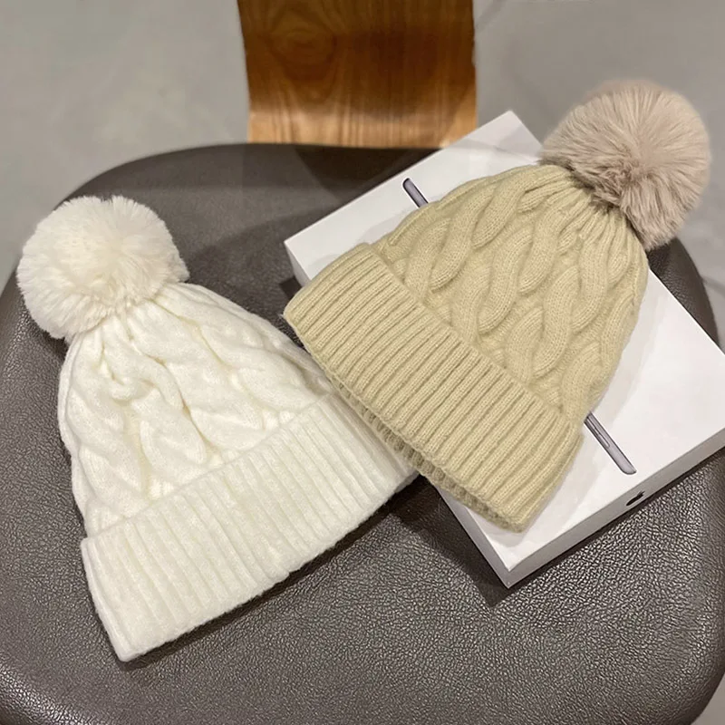 2024 Autumn Winter Men Women Knitted Hat Solid Skuilles Beanies Dad Cap Thick Warm Ski Beanies Caps Girls Cable Knit Pompom