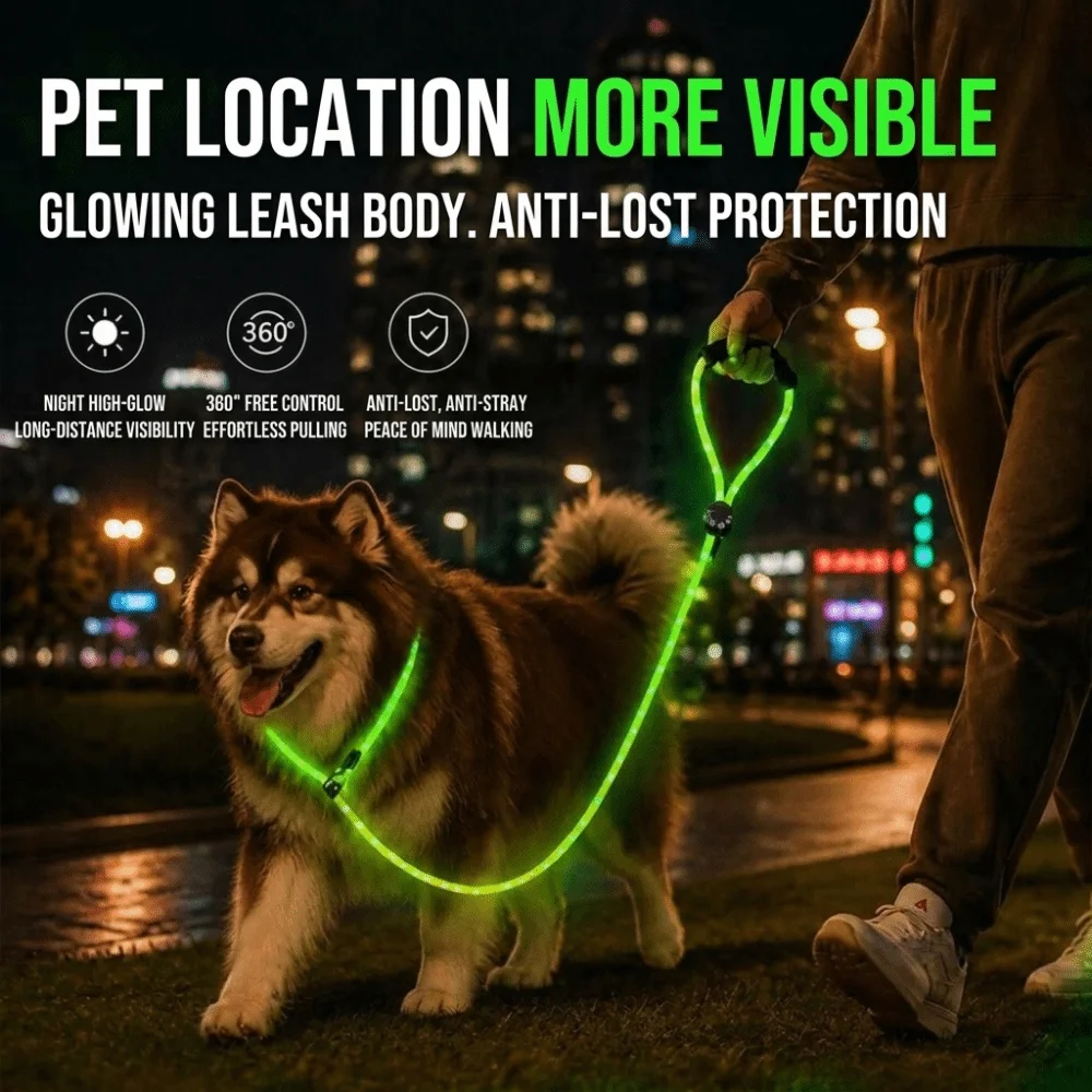 USB Charging LED Dog Leash Spiral Braided Nylon Sturdy Wear Resistant Pet Traction Rope Type C Fast Charging Soft Foam Handle