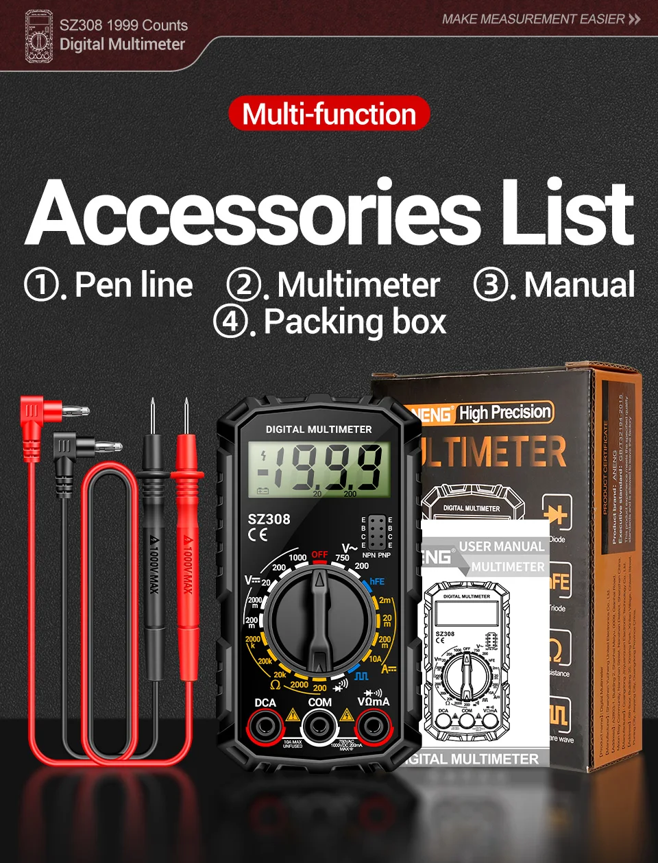 Digitales Multimeter, Rechteckwellen-Tester ANENG SZ308, Spannungs- und Widerstandsmessgerät, AC/DC-Strommessgerät, Elektriker-LCD-Hintergrundbeleuchtung, Ohmmeter-Werkzeug – Detail 2
