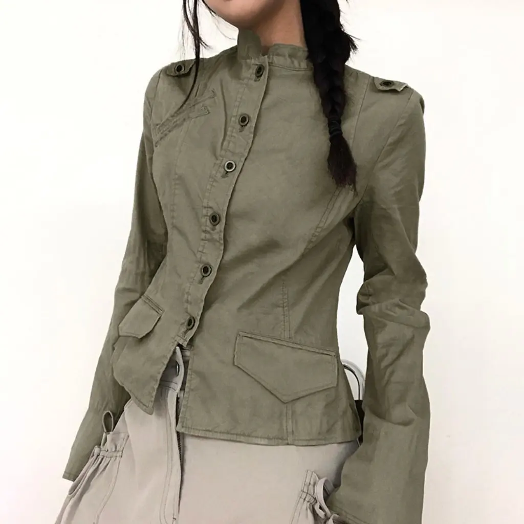 

Retro Tooling Style Women's Jacket Autumn Vertical Collar Tight Waist All-match Split Design Cool Handsome Top