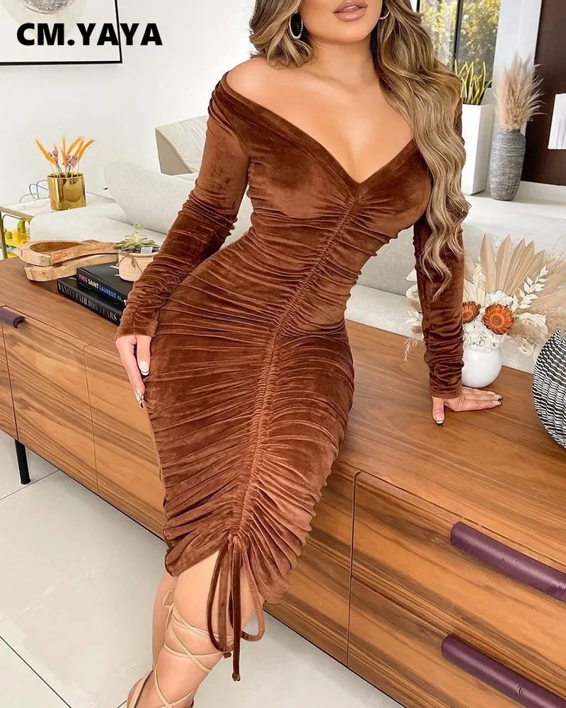 CM.YAYA Women Velvet Drawstring Ruched Up Off Shoulder Long Sleeve Bodycon Midi Dress Sexy Party Club Night Pencil Dresses