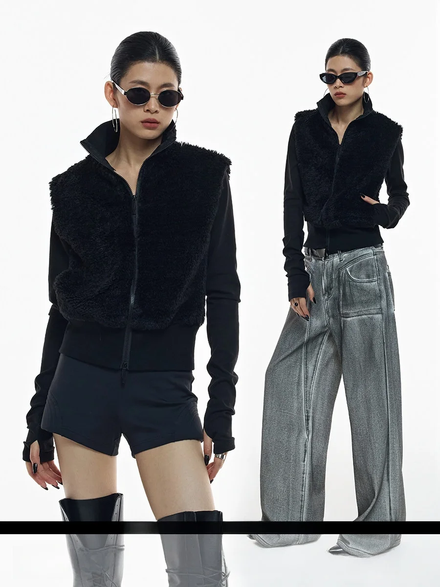 

Ourhour Zipper High Collar Faux Two-Piece Black Mink Vest Women's Spring Design Sense Outerwear Short Cotton Blend Jacket