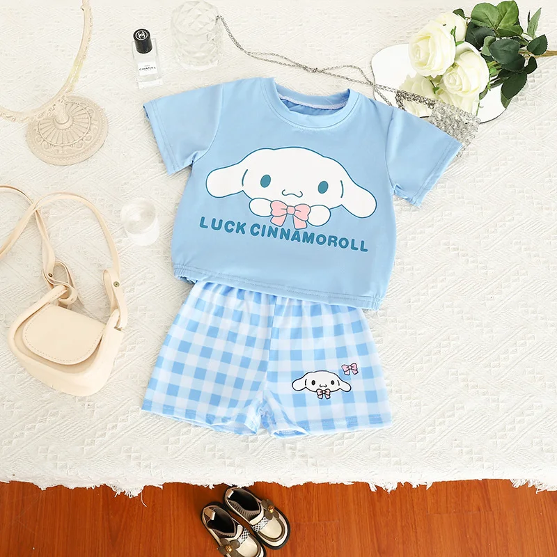 Kawaii Sanrio Summer Kids Suit Kuromi Cinnamoroll Hello Kitty My Melody Pajamas Girl Pants Clothes Set Children Nightgown Anime